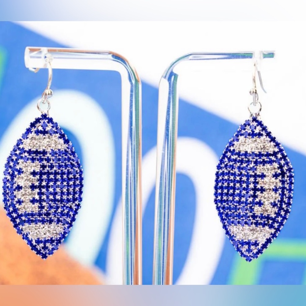 Blue/Silver/White Crystal Football Earrings